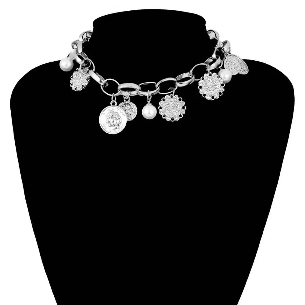 

Exaggerated portrait coin multi-element female retro embossed flower board imitation pearl necklace