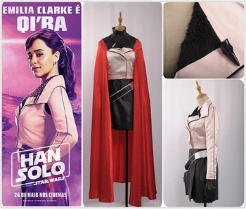 

New fashion 2018 Movie Solo: A Star Wars Story Qi'ra Cosplay Costume Sexy V Neck Dress Pink Faux Leather Jacket Cloak Carnival