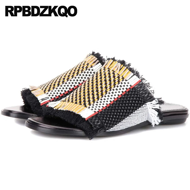 Shoes Slip On Genuine Leather Block High Heels Open Toe Fringe Flat Slides Designer Sandals Women Luxury 2018 Rope Thick Pumps fringe slip on slides yellow