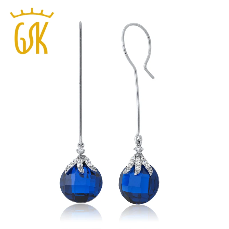 GemStoneKing 22 00 Ctw Simulated Blue Sapphire Bead Dangle Earrings For Women Fashionable 925 Sterling Silver