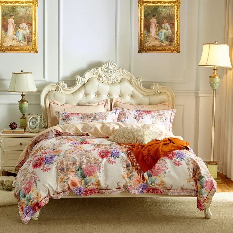 

New blue orange 100% Cotton Flower Printed Royal Deluxe Bed Set Front Bed Cover Queen 4 PCs