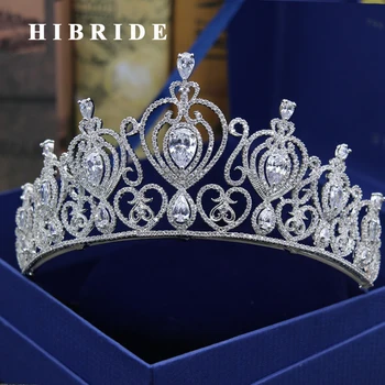 

HIBRIDE Women Brial Big Crown Clear Cubic Zircoia White Gold Color Tiaras Hair Accessories Statement Jewelry C-10
