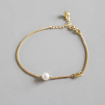 

18K Yellow Gold Plated 100% Authentic 925 Sterling silver Freshwater Pearl Chain Bracelet Fine jEWELRY S5