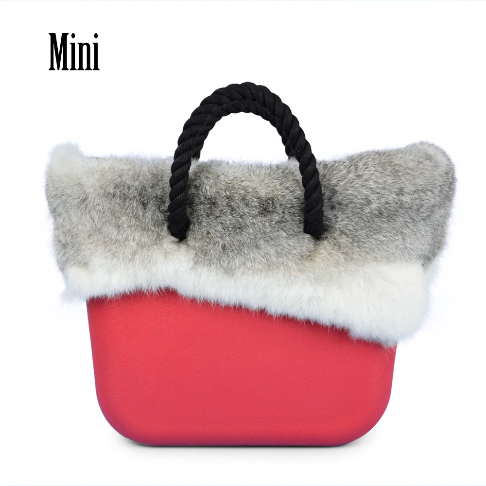 

Mini Obag Style AMbag with Elegant White Grey Rabbit Fur Plush Trim Insert Inner Pocket Handles Women's Bags Handbag  O Bag