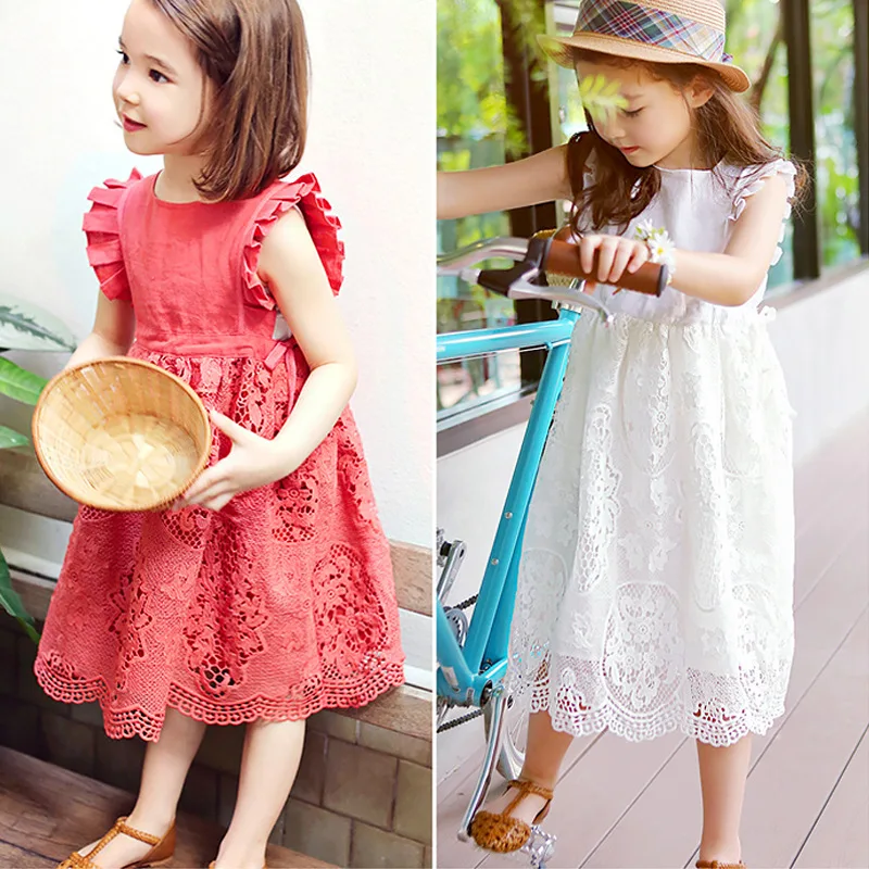 

Girl Dresses Solid Lace Wedding Girl Clothes Summer Dress Princess Short Sleeve Flora Ball Gown Dress 2018 New 3-12 Years old