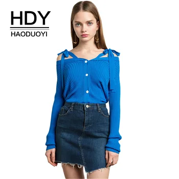 

HDY Haoduoyi Solid Blue Sweet Women Sweaters Off Shoulder Lace-up Belt Single Breasted Lady Tops Preppy Style Causal Pullovers