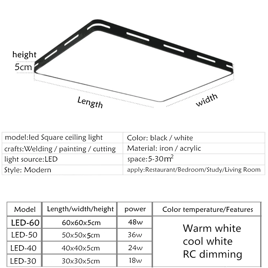 Современный ультра-тонкий практичный 5 см светодиодный потолочный светильник Железный квадратный черный/белый Потолочный светильник для гостиной спальни внутреннего освещения