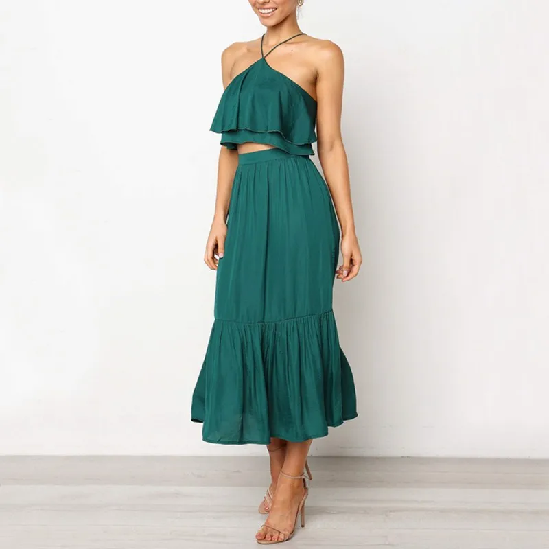 

Women Sexy Straps Halter Vest+ Skirt Suit 2 Pieces Summer Female Hanging Neck Crop Top Lady Long Woman Skirt