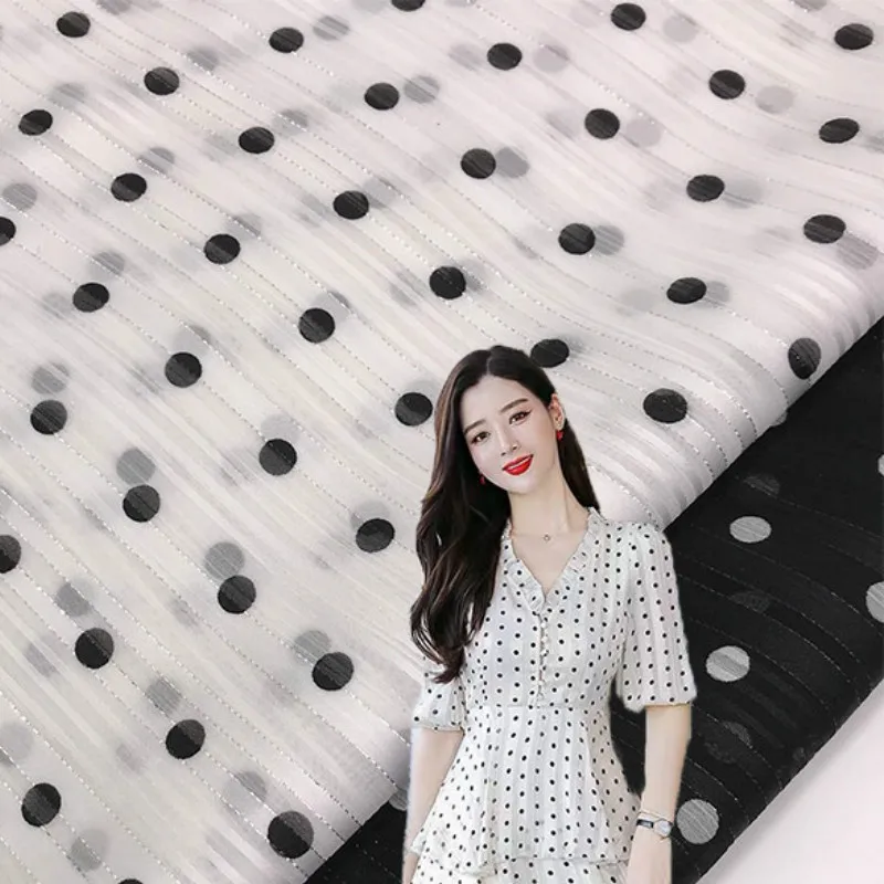 

0.8cm Dot Silver Silk Printed Chiffon Fabric DIY Sewing Textile Chiffon Dress Shirt Apparel Fabric Full Polyester Strip Material
