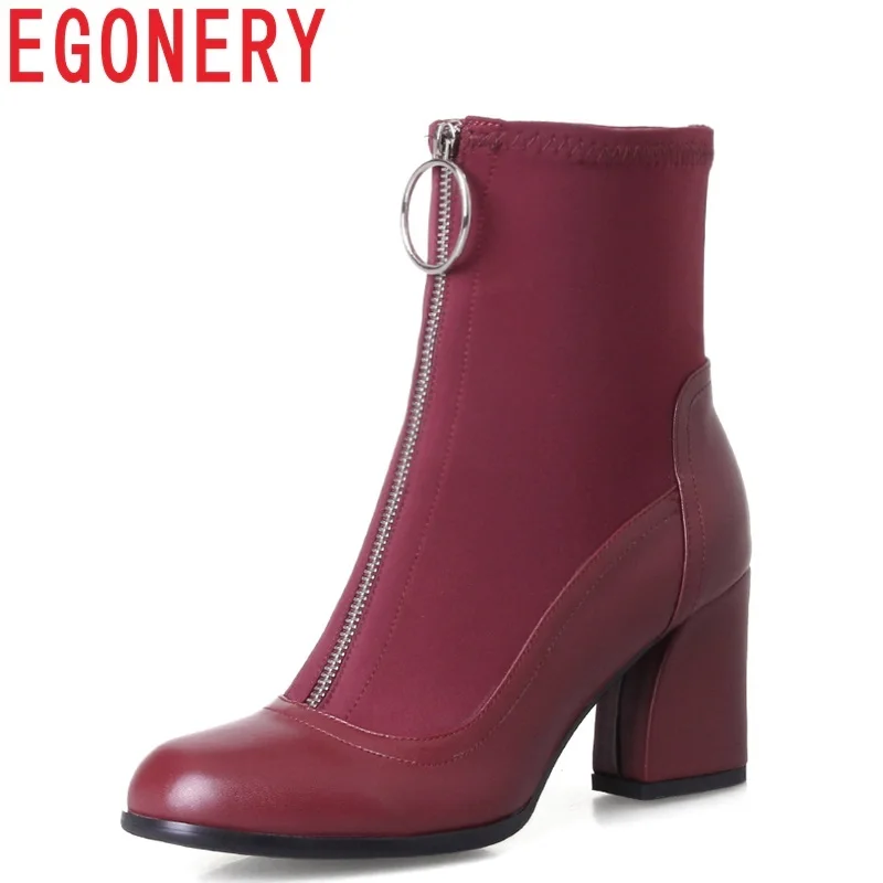 

EGONERY genuine leather 2018 newest hot sale high square heel zipper square toe winter warm fashion ankle boots free shipping