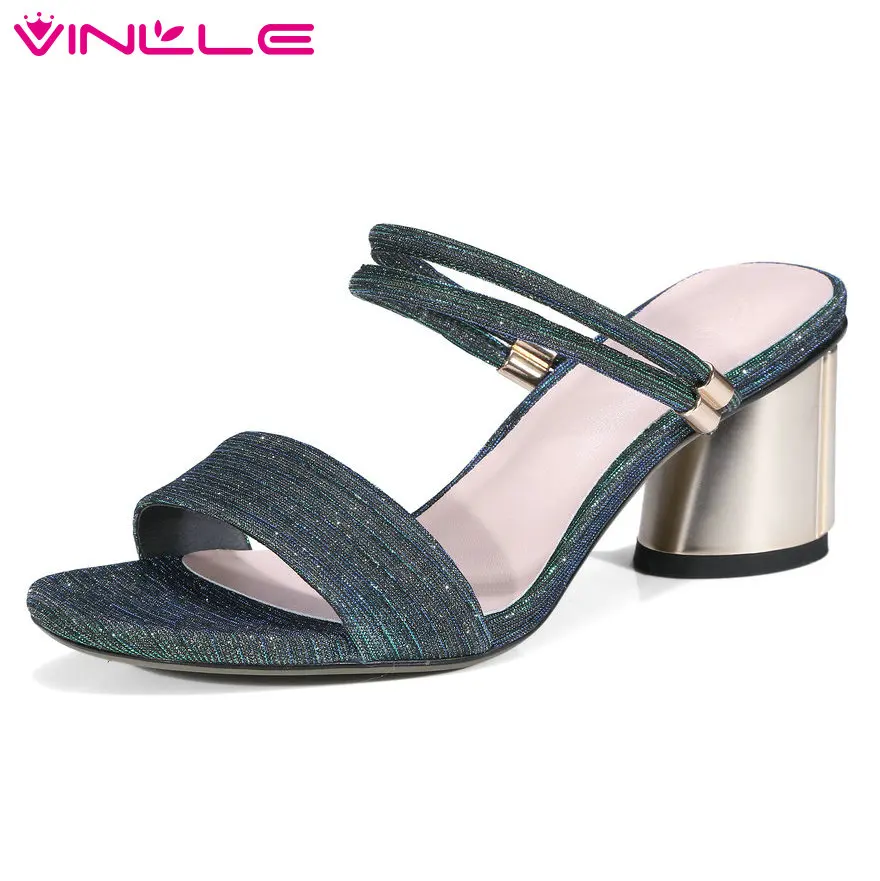 

VINLLE 2018 Western Style Women Sandals Shoes Woman Genuine Leather Slingback Square High Heel Ladies Wedding Shoes Size 34-42