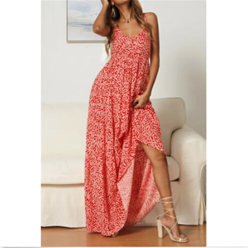 Summer Beach Long Dress Women Floral Print Boho Red Blue Maxi Casual V-Neck Sexy Spaghetti Strap Dresses For | Женская одежда