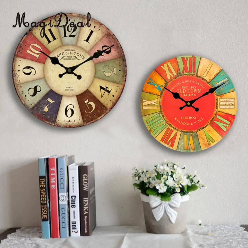 MagiDeal Vintage Round Wall Clock Home Wooden Retro Decor EST 1863 Old Town 12-hour Display for Home Office Coffee Shop 30cm