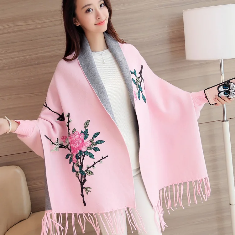 Высокое качество осенний женский элегантный кашемировый кардиган с вышивкой и кисточками, свитера с рукавами летучая мышь, шарф, накидка, верхняя одежда - Цвет: Pink