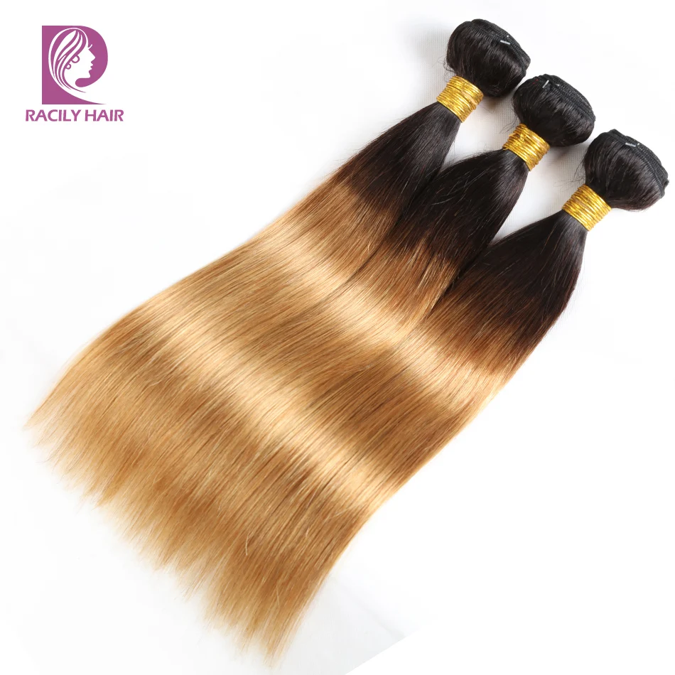 Racily волос T1B/27 эффектом деграде(переход от темного к перуанские волосы пряди Мёд светлые прямые волосы Remy для наращивания натуральные кудрявые пучки волос 1/3/4 пряди
