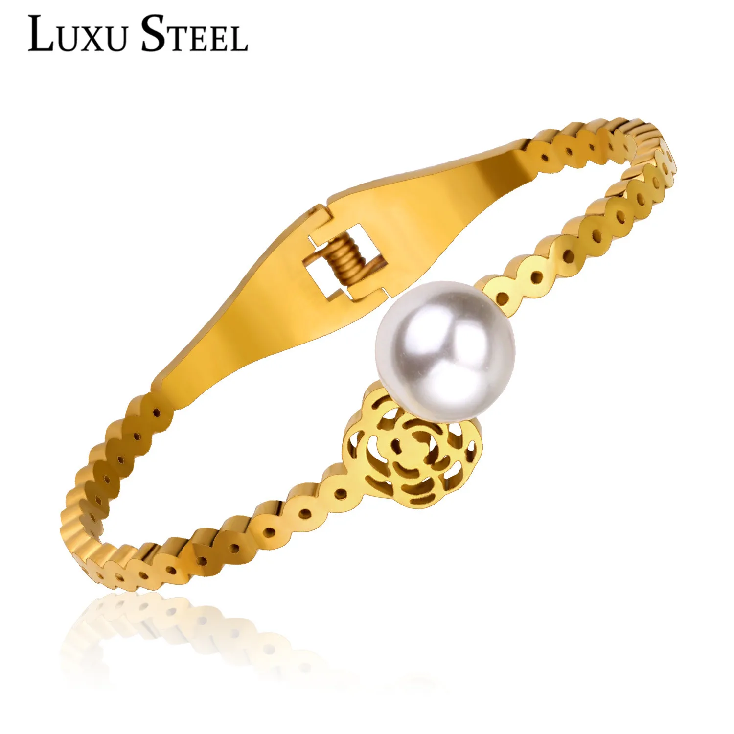

LUXUSTEEL Chic Style Flower Bangles Stainless Steel Imitation Pearl Cuff Bracelets Bangles For Women Gift Collier Party