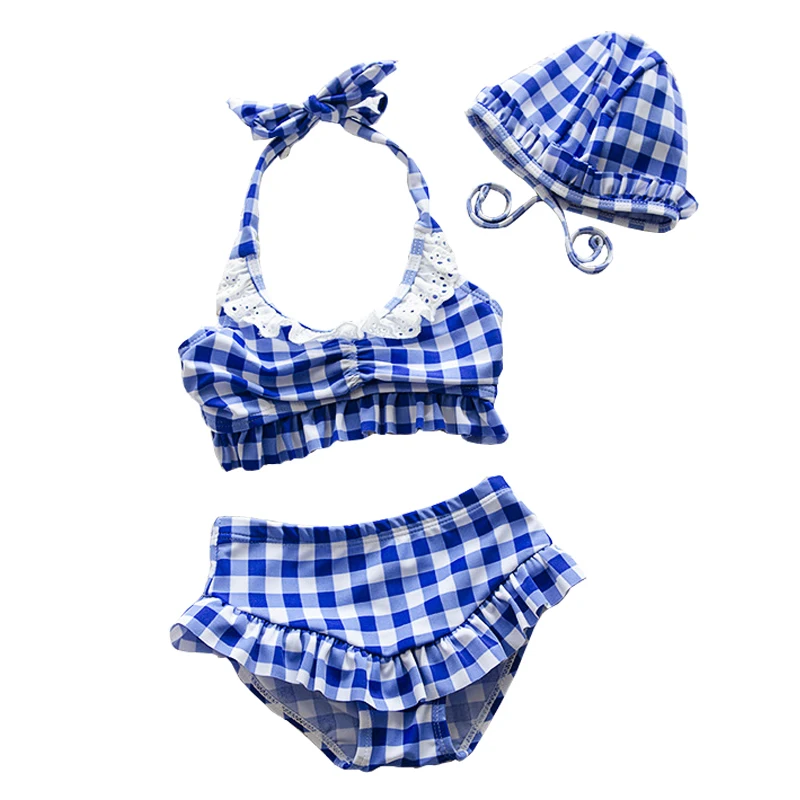 

Baby Girl Swimming Bikini Set 2017 Cute Kids Geometric Plaid Two Piece Swimwear Swimming Suits with Bathing Cap
