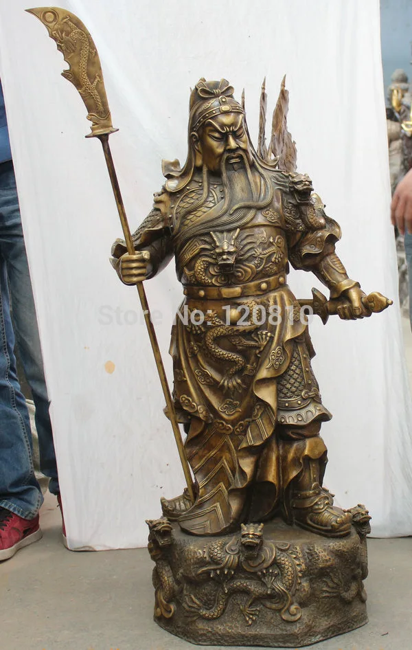 

44" Chinese Copper Guan Gong Yu Warrior God Sword knight Dragon flag Statue