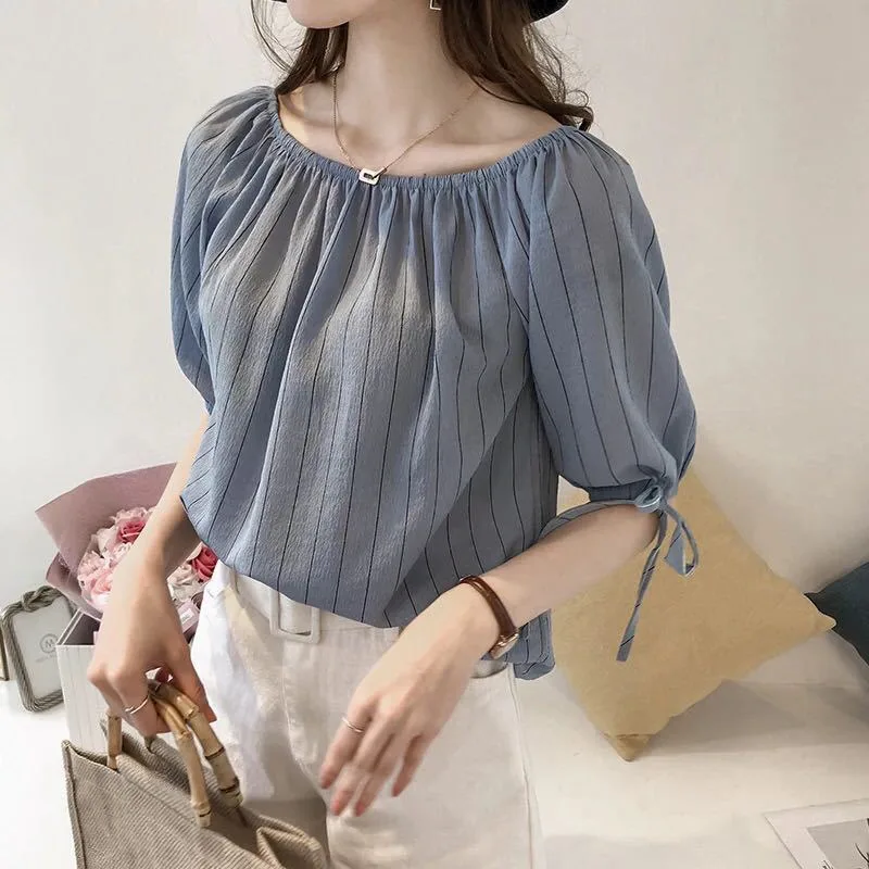 

Brand New Women Blouses Striped Print Half Sleeve V-Neck Women Shirts Slash Neck Ladies Blouses