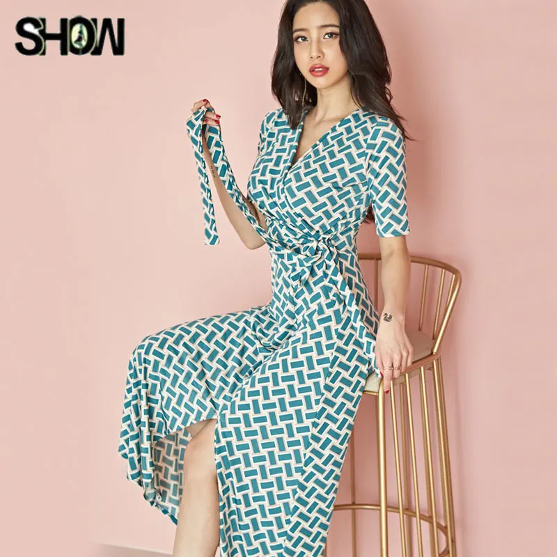 

Elegant Dresses Long Woman Summer Holiday Date Party Wear V Neck Slim Ribbon Bow Tie Plaid Dress Lattice Korea Style Clothes
