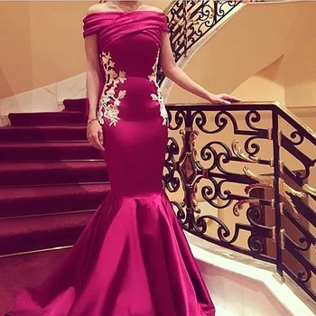 

Boat Neck Satin Mermaid Prom Dresses Long Grace Appliques Pleat Sweep Train Vestido De Festa For Formal Party Gown