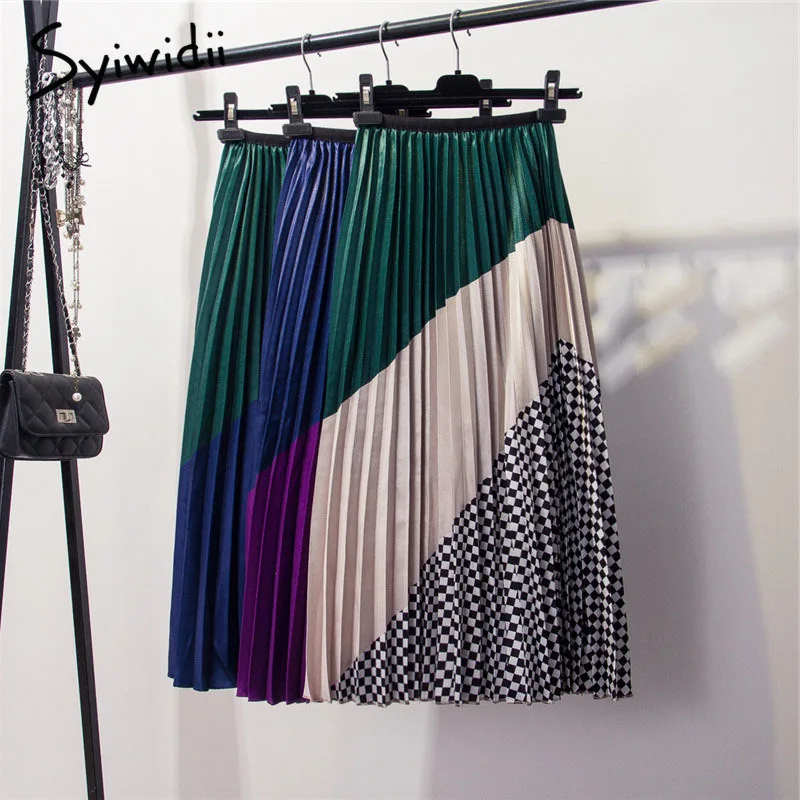 Женская сатиновая плиссированная юбка длинная эластичная с высокой талией