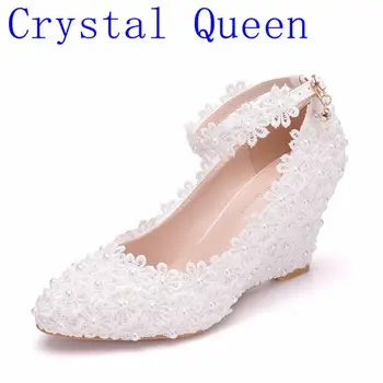 

Crystal Queen White Flower Woman Wedding Shoes Lace Pearl High Heels Sweet Bride Dress Shoes Beading Wedges heels Pumps 8