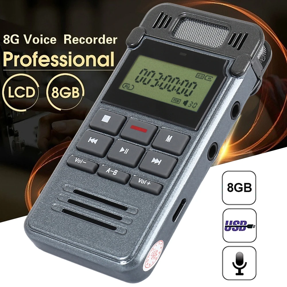 8GB Noise Reduction High-definition Digital Audio Voice Recorder Dictaphone Telephone Recording with LCD Display MP3 Player