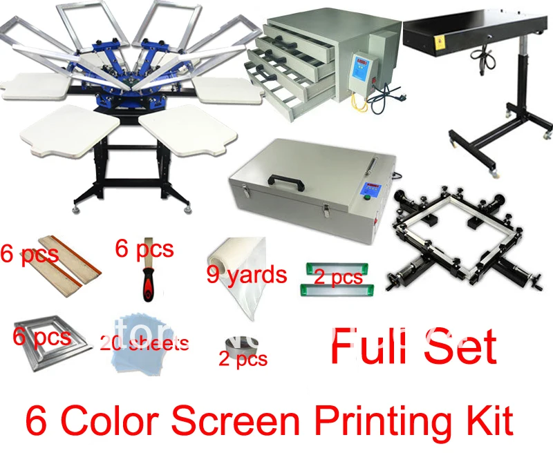 Быстрая скидка полный набор 6 цветов футболка комплект трафаретной печати пресс-принтер машина вспышка сушилка expsoure носилки