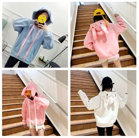 2019 New Cute Rabbit Ears Embroidery Hoodies College Wind Women Loose Sweet White Blue Sweatshirt