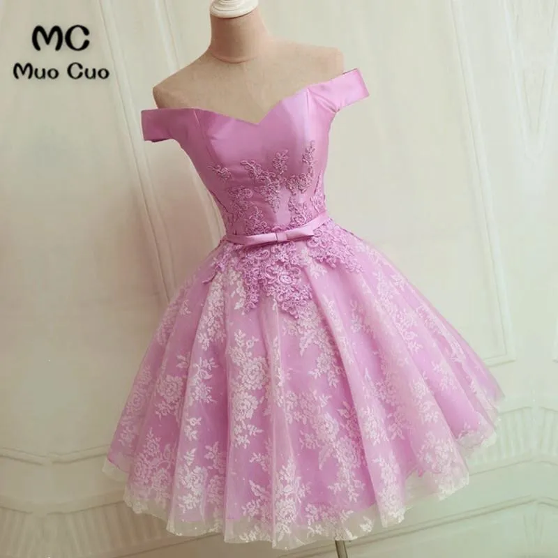 Elegant Pink Lace Appliques Satin Off The Shoulder Homecoming Dress Short Prom Dress