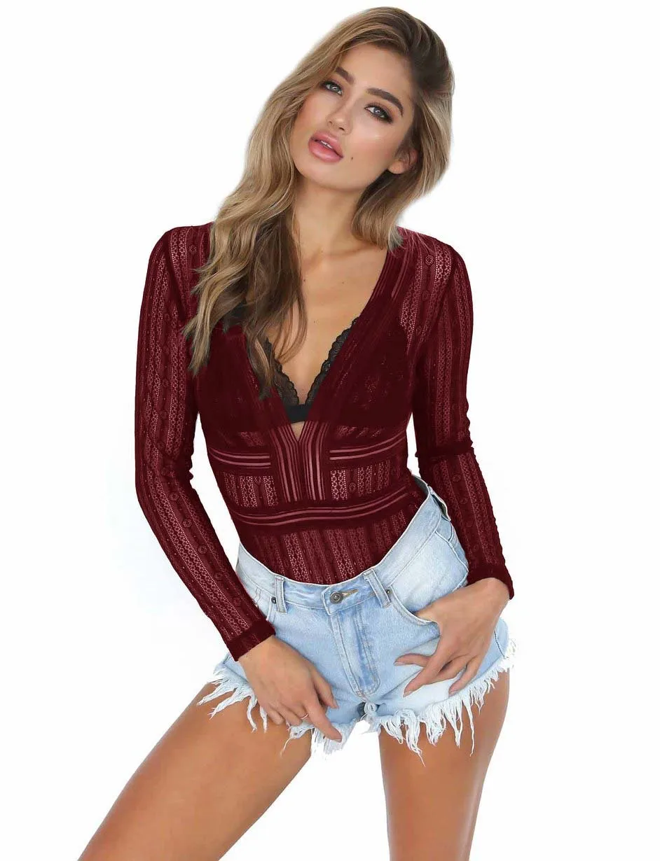 

Hot Sale mesh lace bodysuit women body suit transparent sexy long sleeve catsuit jumpsuit 2019 bralette bodysuits