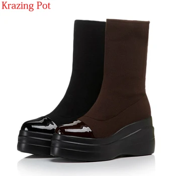 

2018 Superstar Thick Bottom Velvet Gorgeous Stretch Sock Boots Wedges Platform Round Toe Fashion Increased Women Ankle Boots L89