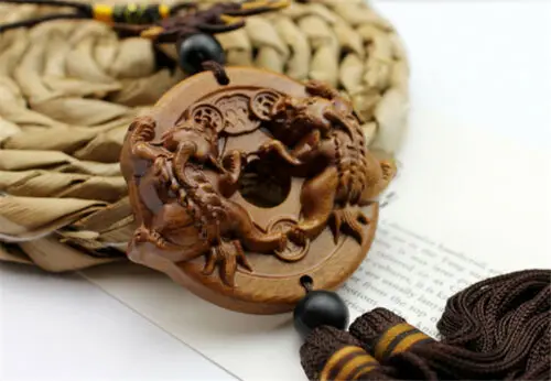 

Wood Carving Chinese Wealth Double Pixiu Pi Yao Dragon Car Pendant Amulet Craft