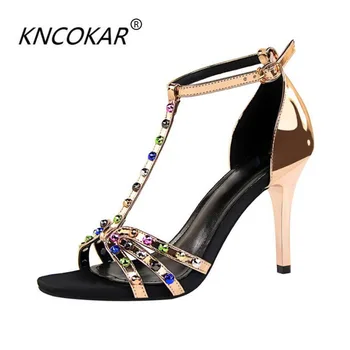 

KNCOKAR2018Fashionable sexy nightclubs show thin summer women's shoes with high-heeled hollowed-out colored diamond t-string san