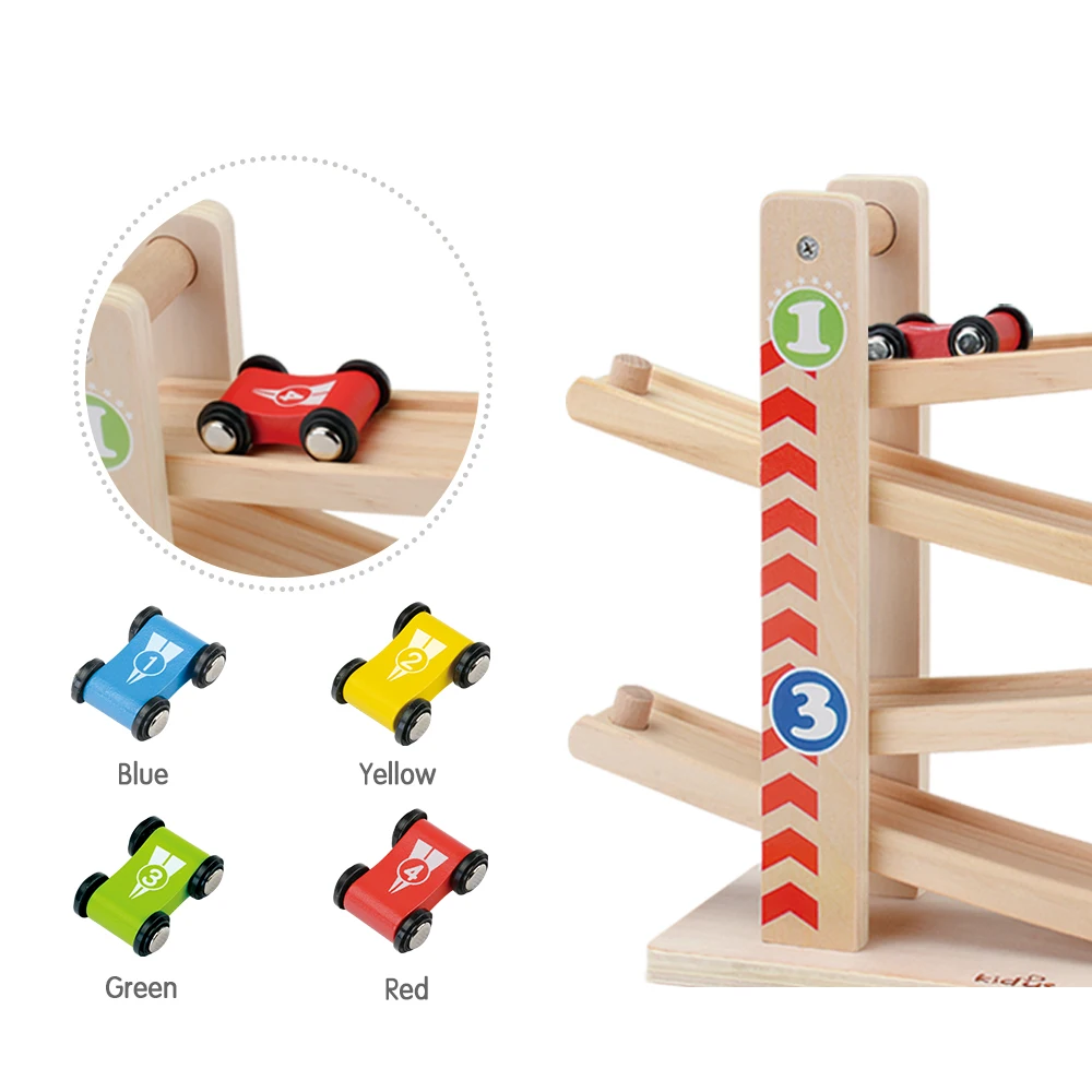 Beste Kidus Ramp Race Track Houten Racing Cars Race Auto Speelgoed Gift met 4 auto Speelgoed Voor Kinderen Diecasts