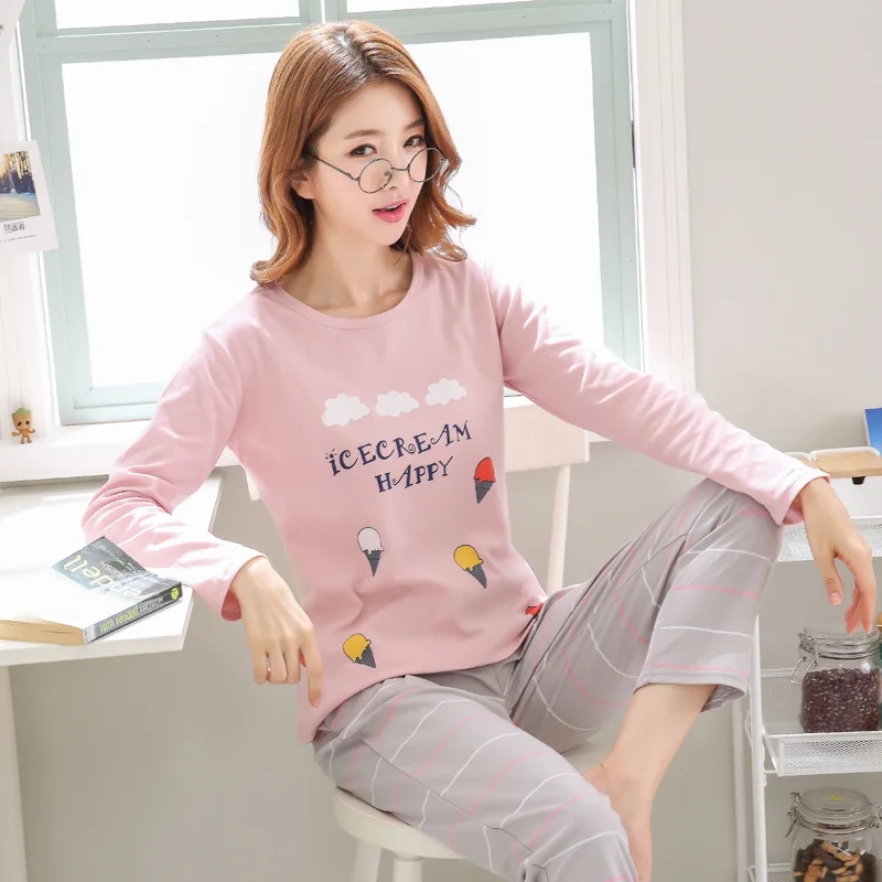 Женские пижамные комплекты, Осень-зима, хлопок, сексуальный домашний костюм, одежда для сна, пижама с длинным рукавом, удобная рубашка для девочек+ штаны, пижамы - Цвет: xuegao baiyun pink