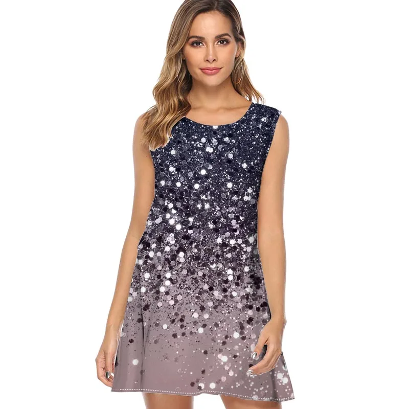 

Cali Summer Vibes Lady Glitter Women Sexy Mini Short Dress 2019 Summer Style Boho Beach Dress Ladies O Neck Sleeveless Dress