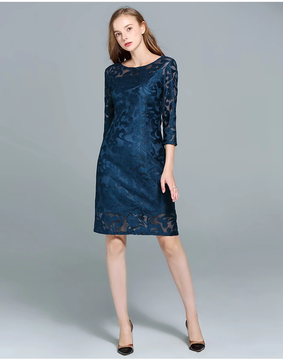 TAOYIZHUAI Новое поступление весеннее винтажное стильное обычное платье с рукавами три четверти размера плюс однотонное синее ТРАПЕЦИЕВИДНОЕ женское кружевное платье 14068