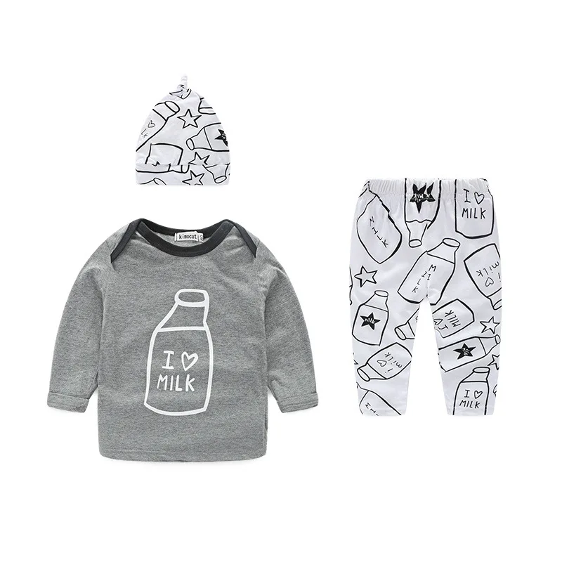 

Spring Baby Boys Clothing Set Hat T shirt Pant 3pcs Baby Set Letter I Love Milk T shirt Toddler Baby Clothes Set For Kids Boy