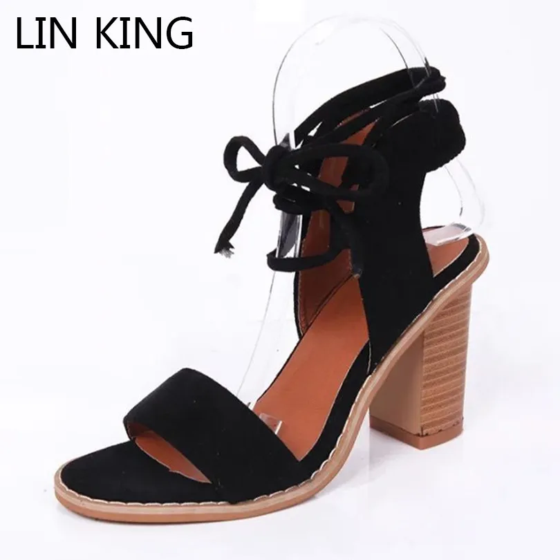 

LIN KING Sexy Cross Tied Women Gladiator Sandals Solid Lace Up High Heel Sandals Retro Thick Sole Sandalias Female Summer Shoes