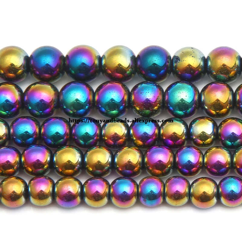 

Free Shipping Natural Stone Rainbow Plated Hematite Round Beads 4 6 8 10 MM 15" Per Strand Pick Size