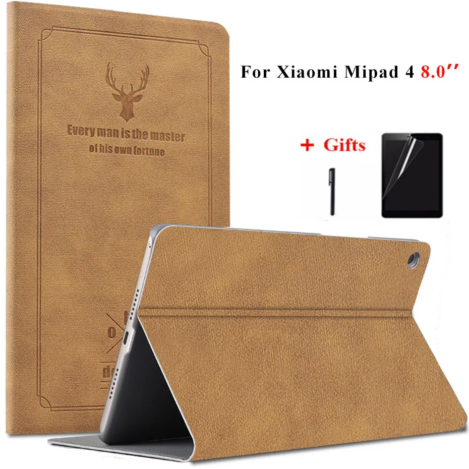 

Case For Xiaomi MiPad 4 8.0'' Retro Print Stand PU Leather Cover For Xiaomi Mi Pad 4 Case Funda Smart Tablet Shell +Films