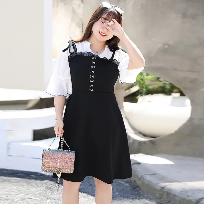 

XL-4XL Summer Casual Women 2 Piece Set Tops+Dress 2019 Plus Size Suits Sets Big Size Ladies Spaghetti Strap Dress Women OL Dress