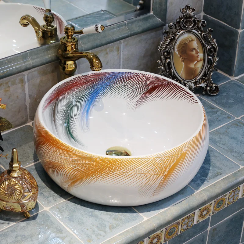China Painting feather Ceramic Painting Art Ceramic wash basin Bathroom