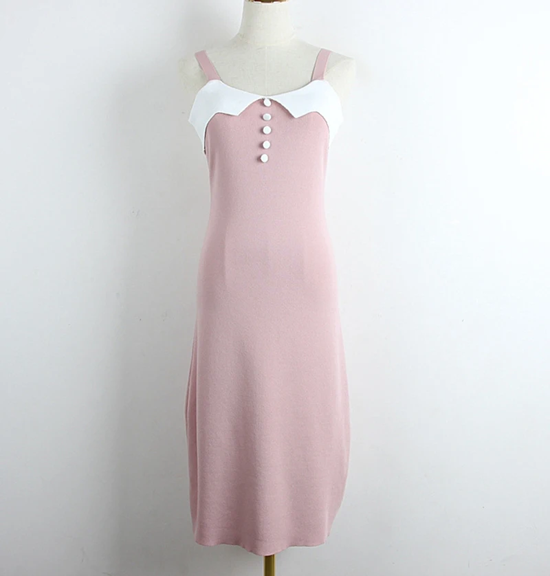 

Sexy 2019 Women Summer Spaghetti Strap Elegant Dress Women Knitted Korean Femme Mid-calf Buttons Front Dress Vestidos de verano