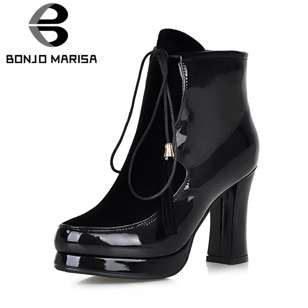 

BONJOMARISA New Big Size 34-43 Solid Square High Heels Patent Pu Lace Up Platform Shoes Woman Casual Winter Spring Ankle Boots