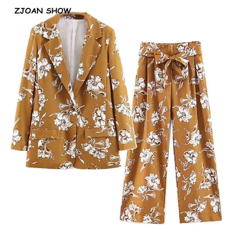 

2019 New Spring BF style One Button Women Flower Blazer High Waist Tide Bow Wide Leg Pants Long Sleeve Suits 2 Pieces Set