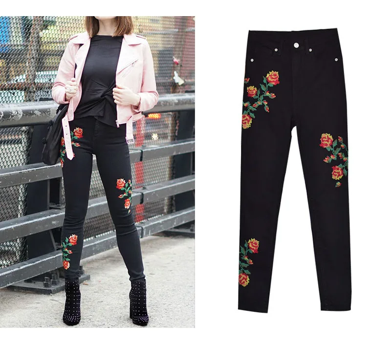 2017 European and American women hot high waist Slim stretch front and rear side cross embroidery roses cowboy pants pants pants (7)