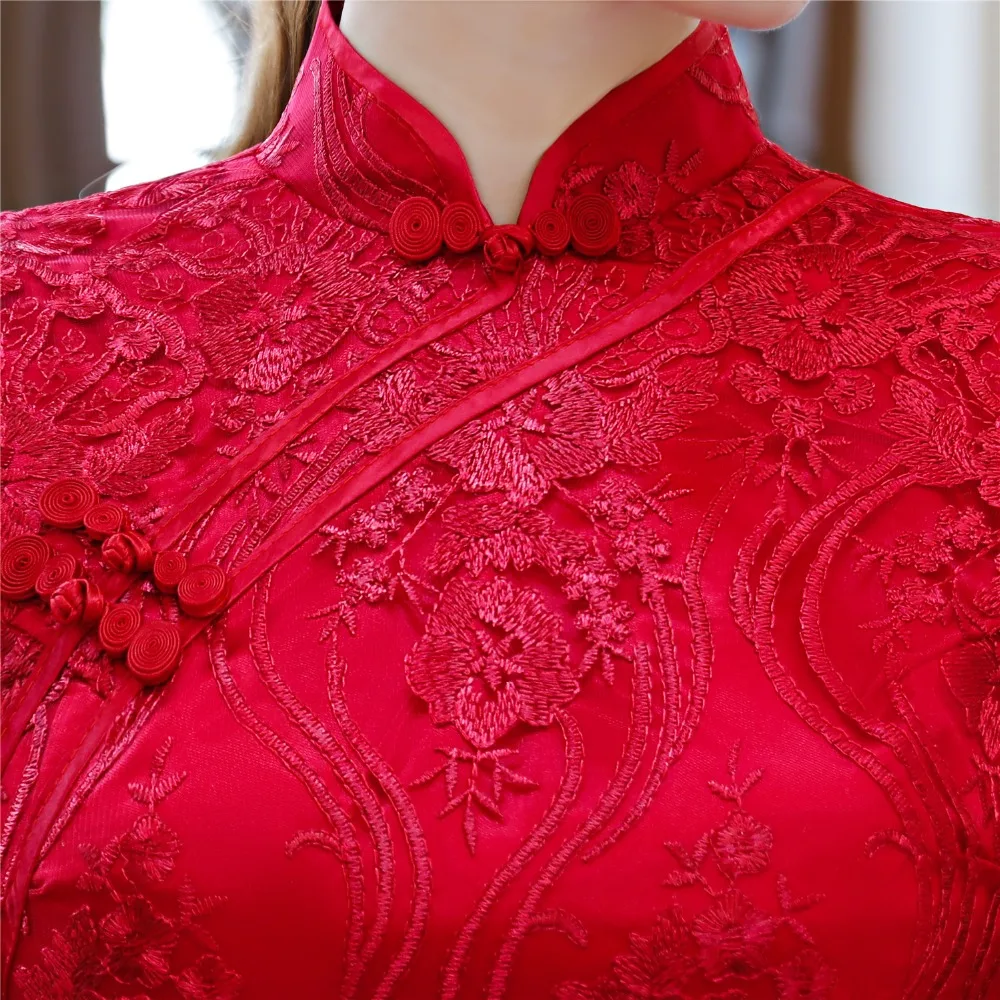 Шанхай история Половина рукава цветок вышивка Cheongsam платья Длинные Красные кружевные Qipao для Для женщин Традиционный китайский свадебное